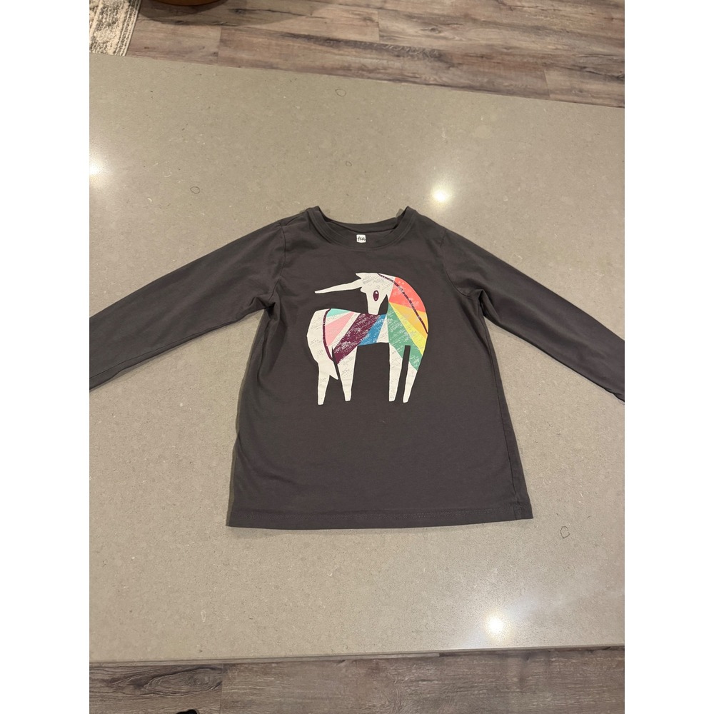 Tea Collection Kids Long Sleeve Unicorn Rainbow Graphic T-Shirt Top Gray Size 4‎